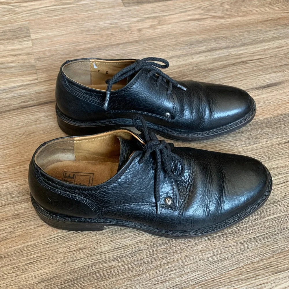 Frye James Lug Oxford Black Pebbled Leather Lace Up Dress Shoes - Mens 7